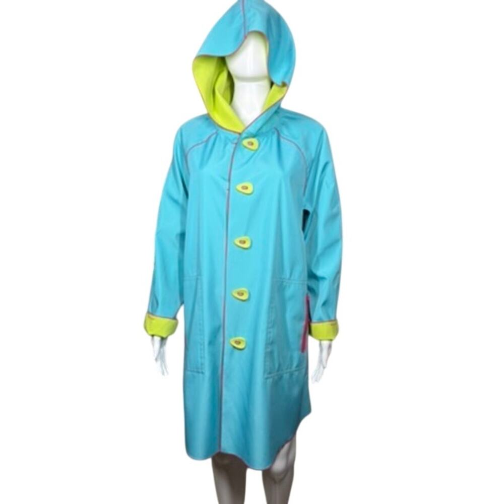 UBU Piped Reversible Parisian Style Bright Blue Lime Green Hooded Raincoat Small - Picture 10 of 11